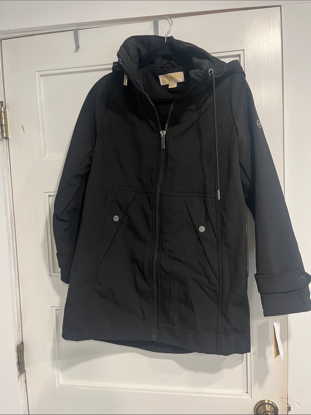 NWT MICHAEL Michael Kors Black soft shell thing length jacket water resistant S